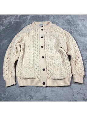 Vintage CladyKnit Cardigan Mens Medium Cream Irish Wool Cable Knit Fisherman